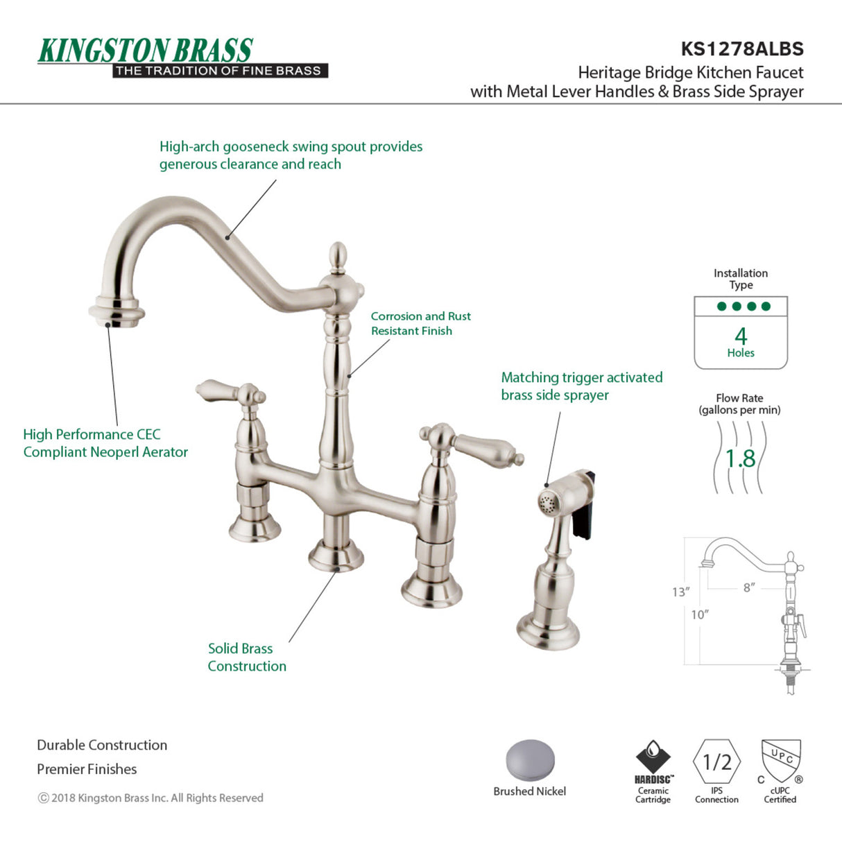 Kingston Brass KS1278ALBS Heritage Bridge Kitchen Faucet with Brass Sprayer, Brushed Nickel