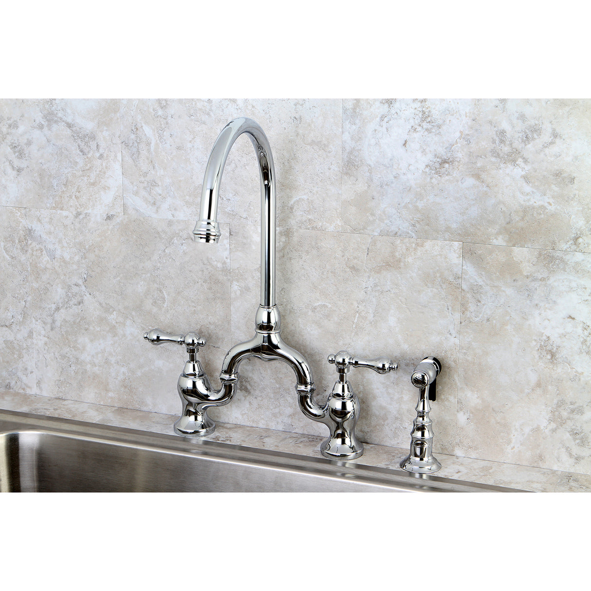 Kingston Brass KS7791ALBS English Country Kitchen Bridge Faucet with Brass Sprayer, Polished Chrome