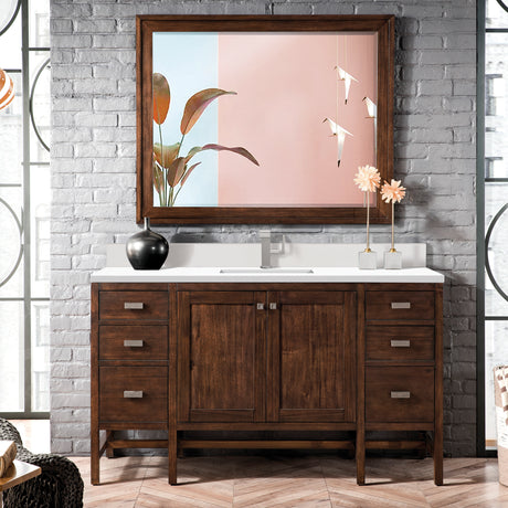 Addison 60" Single Vanity, Mid-Century Acacia w/ Single Hole 3 CM White Zeus Silestone Top & Backsplash