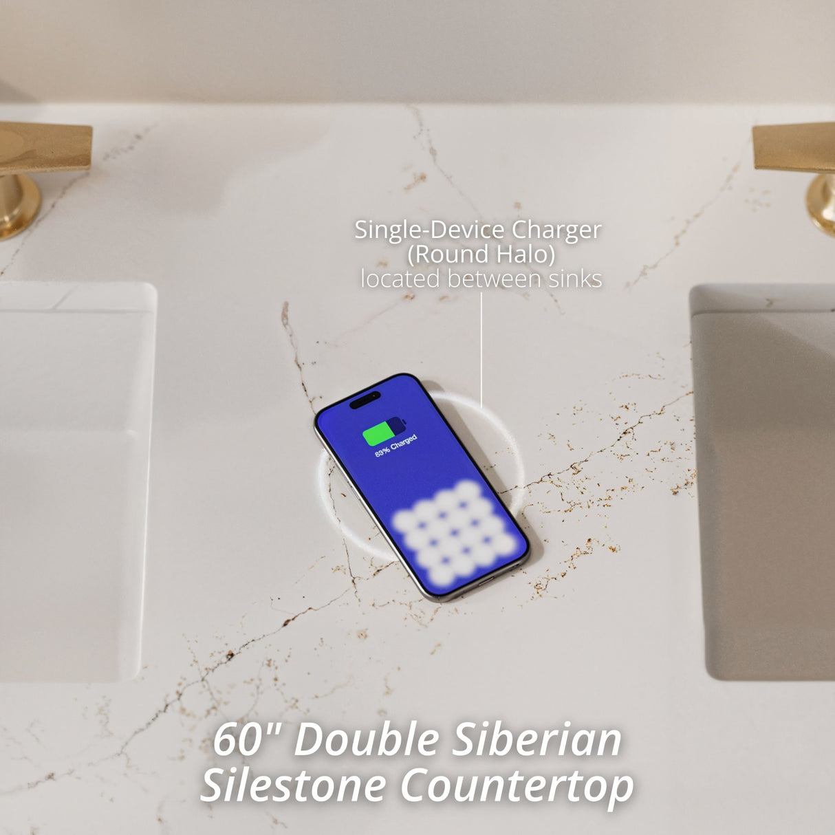 Lorelai 60" Double Vanity, Bright White, w/ 3 CM Siberian Silestone Top w/FreePower Wireless Charger