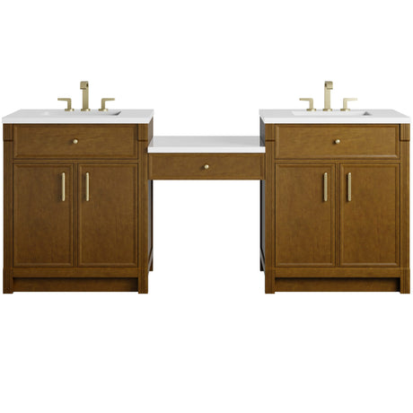 Bellshire 84" Dual Vanity Set with 24" Make-Up Counter, Honey Oak w/3 cm White Zeus Silestone Top