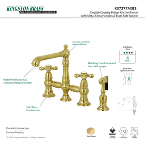 Kingston Brass KS7277AXBS English Country 8" Bridge Kitchen Faucet with Sprayer, Brushed Brass