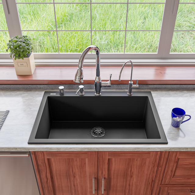 ALFI brand AB3322DI-BLA Black 33" Single Bowl Drop In Granite Composite Kitchen Sink