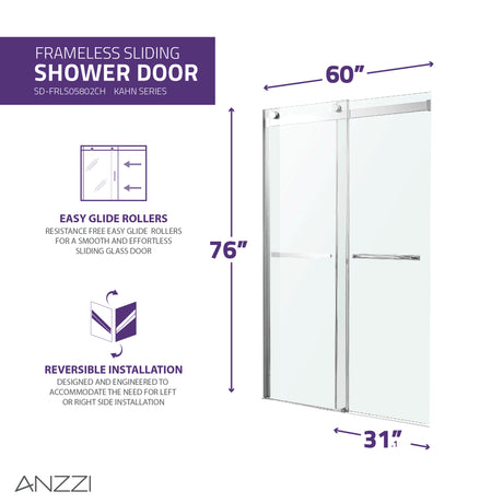 ANZZI SD-FRLS05802CH Kahn Series 60 in. x 76 in. Frameless Sliding Shower Door with Horizontal Handle in Chrome