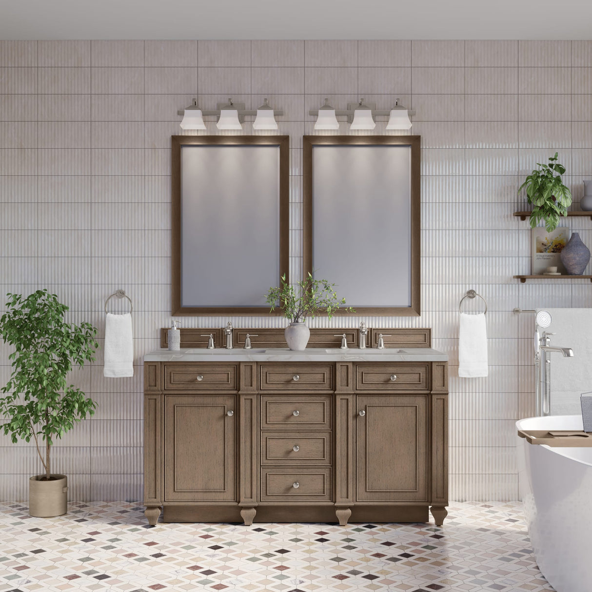 Bristol 60" Double Vanity, Whitewashed Walnut w/ 3 CM Victorian Silver Silestone Top