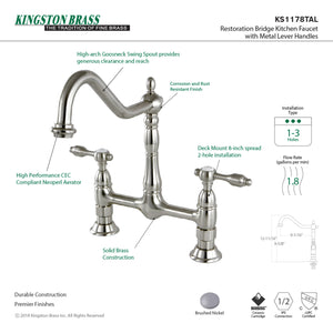 Kingston Brass KS1178TAL Tudor Bridge Kitchen Faucet, Brushed Nickel