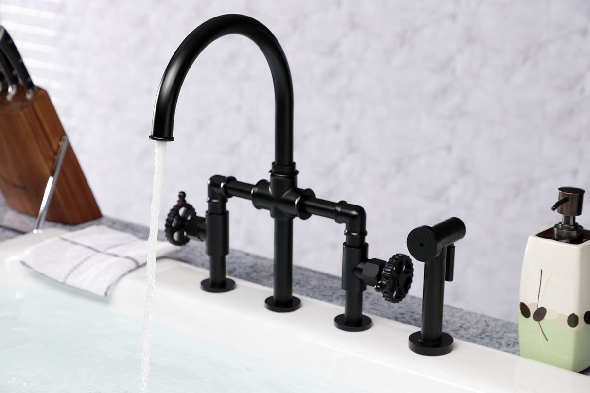 Kingston Brass KS2330CG Fuller Industrial Style Bridge Kitchen Faucet with Brass Sprayer, Matte Black