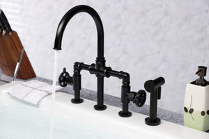 Kingston Brass KS2330CG Fuller Industrial Style Bridge Kitchen Faucet with Brass Sprayer, Matte Black