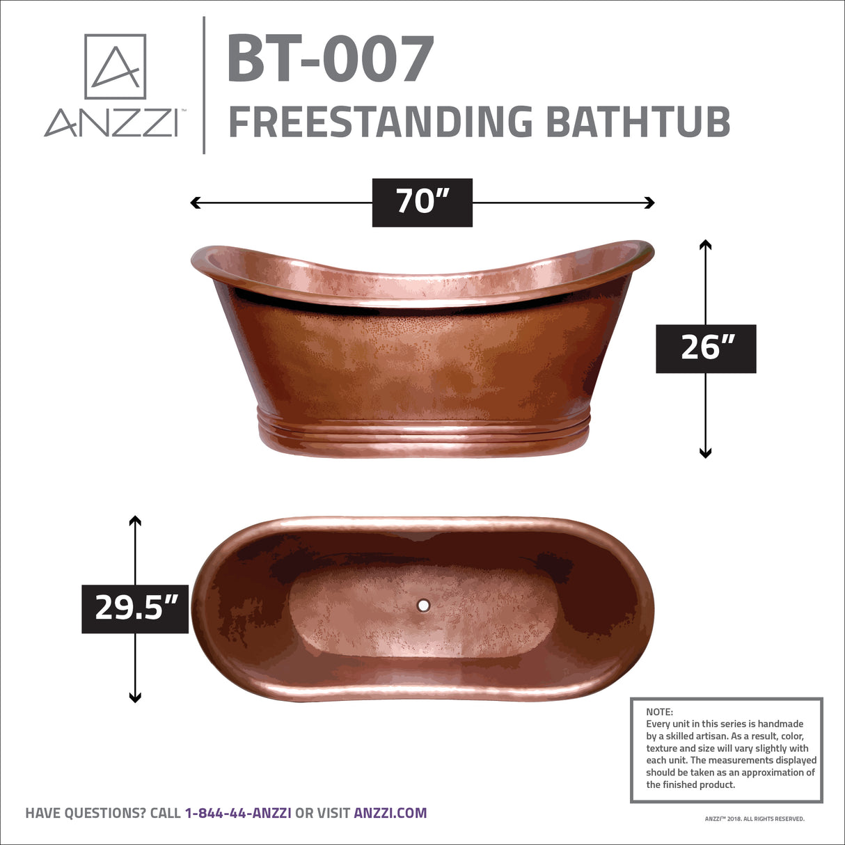 ANZZI BT-007 Nero 70 in. Handmade Copper Double Slipper Flatbottom Non-Whirlpool Bathtub in Hammered Antique Copper