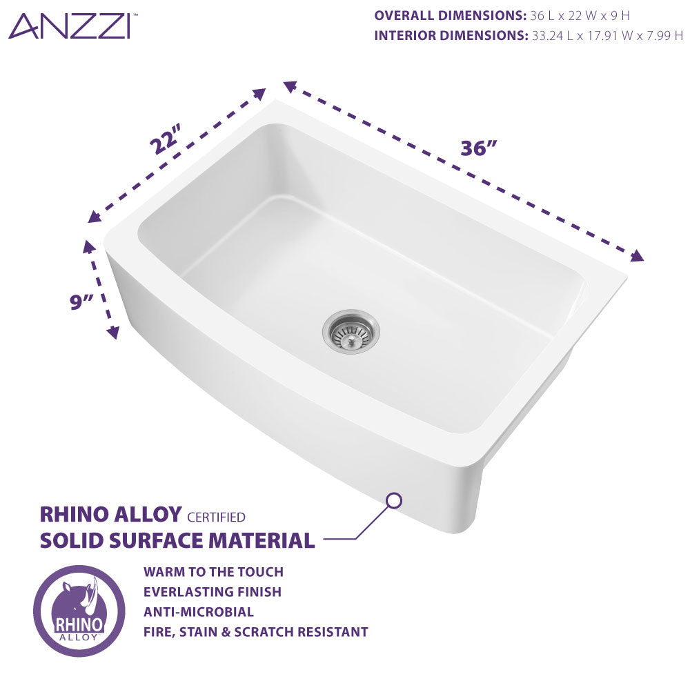 ANZZI K-AZ273-A1 Prisma Series Farmhouse Solid Surface 36 in. 0-Hole Single Bowl Kitchen Sink with 1 Strainer in Matte White
