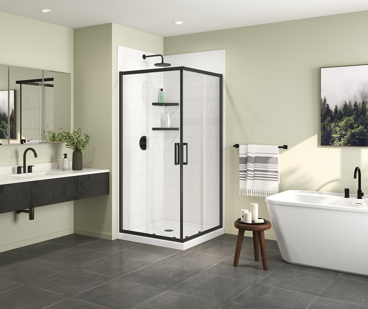 MAAX 107481-900-340-000 Scarlet 36 x 36 Acrylic Corner Drain Shower Kit in White with Clear Glass in Matte Black