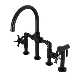 Kingston Brass KS2330NX Hamilton Industrial Style Bridge Kitchen Faucet with Brass Sprayer, Matte Black