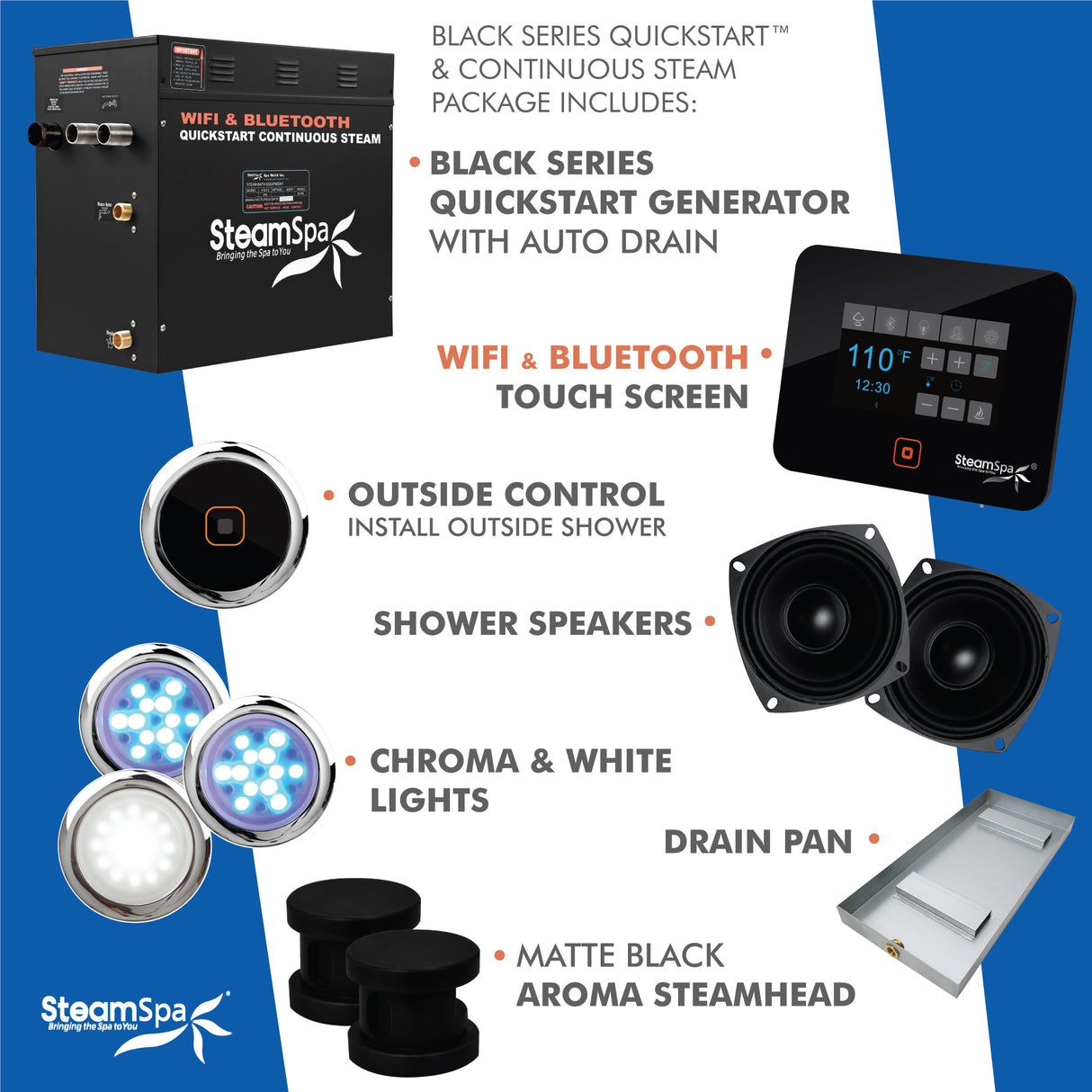 Black Series Wifi and Bluetooth 10.5kW QuickStart Steam Bath Generator Package in Matte Black BKT1050MK-A