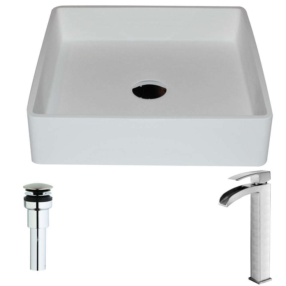 ANZZI LSAZ602-097B Passage Series 1-Piece Solid Surface Vessel Sink in Matte White with Key Faucet in Brushed Nickel