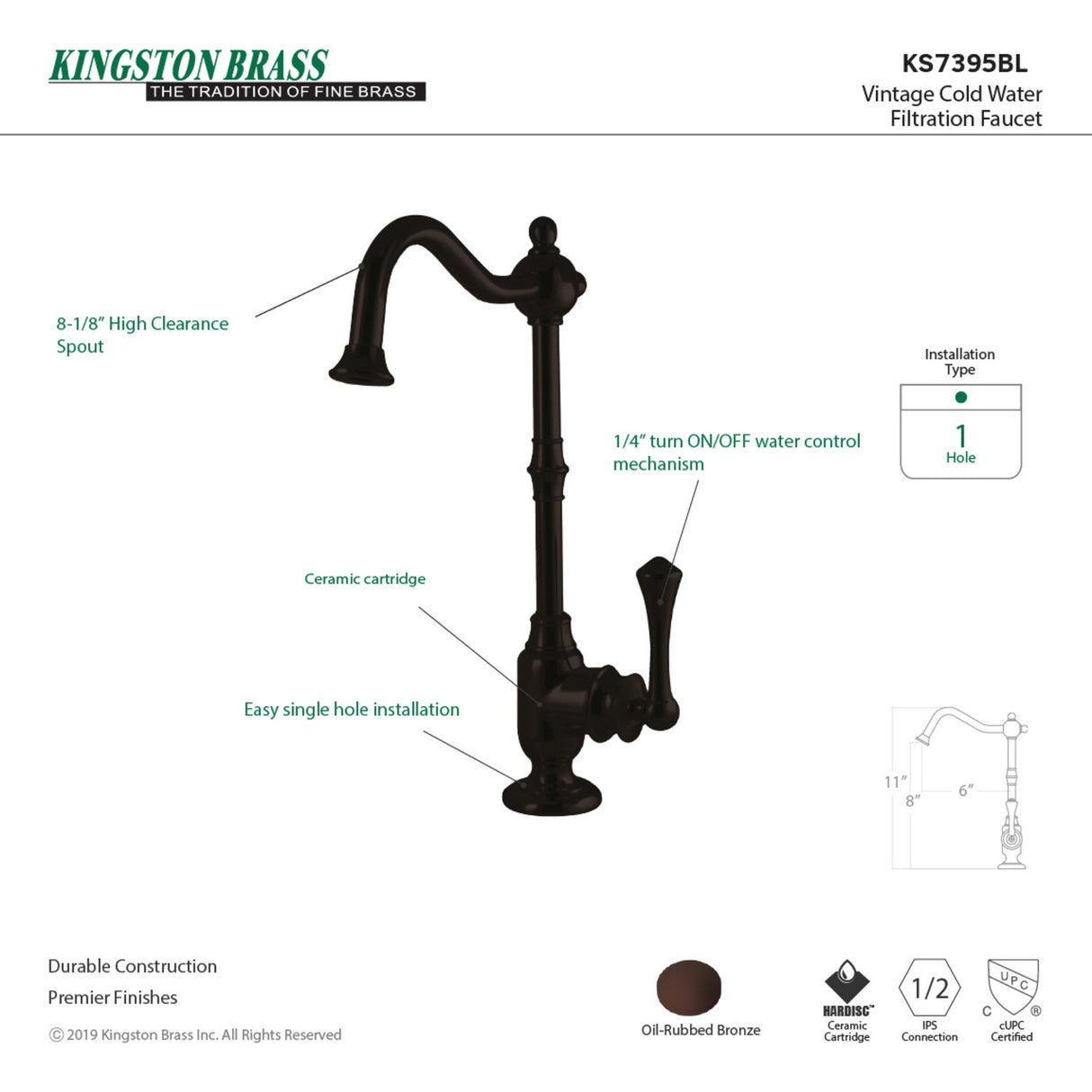 Kingston Brass KS7395BL Vintage Cold Water Filtration Faucet, Oil Rubbed Bronze