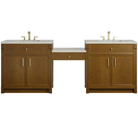Bellshire 96" Dual Vanity Set with 24" Make-Up Counter, Honey Oak w/3 cm Siberian Silestone Top