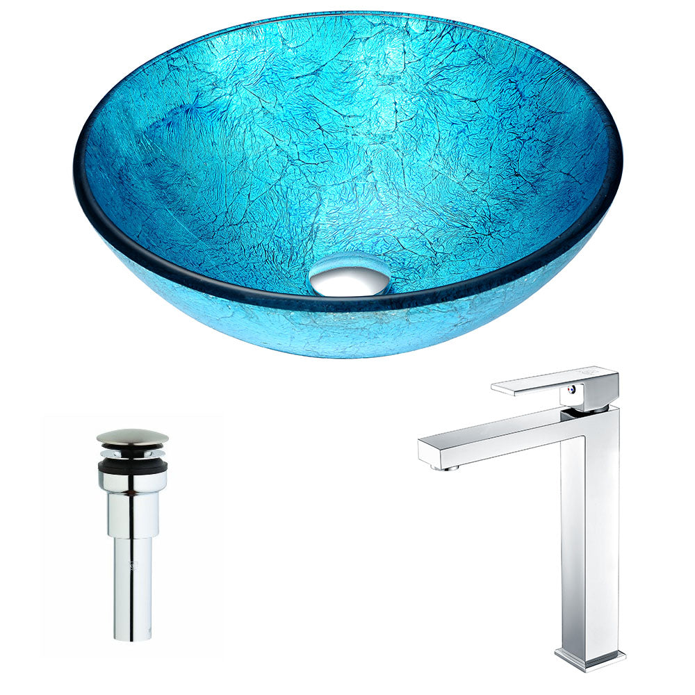 ANZZI LSAZ047-096 Accent Series Deco-Glass Vessel Sink in Blue Ice with Enti Faucet in Chrome