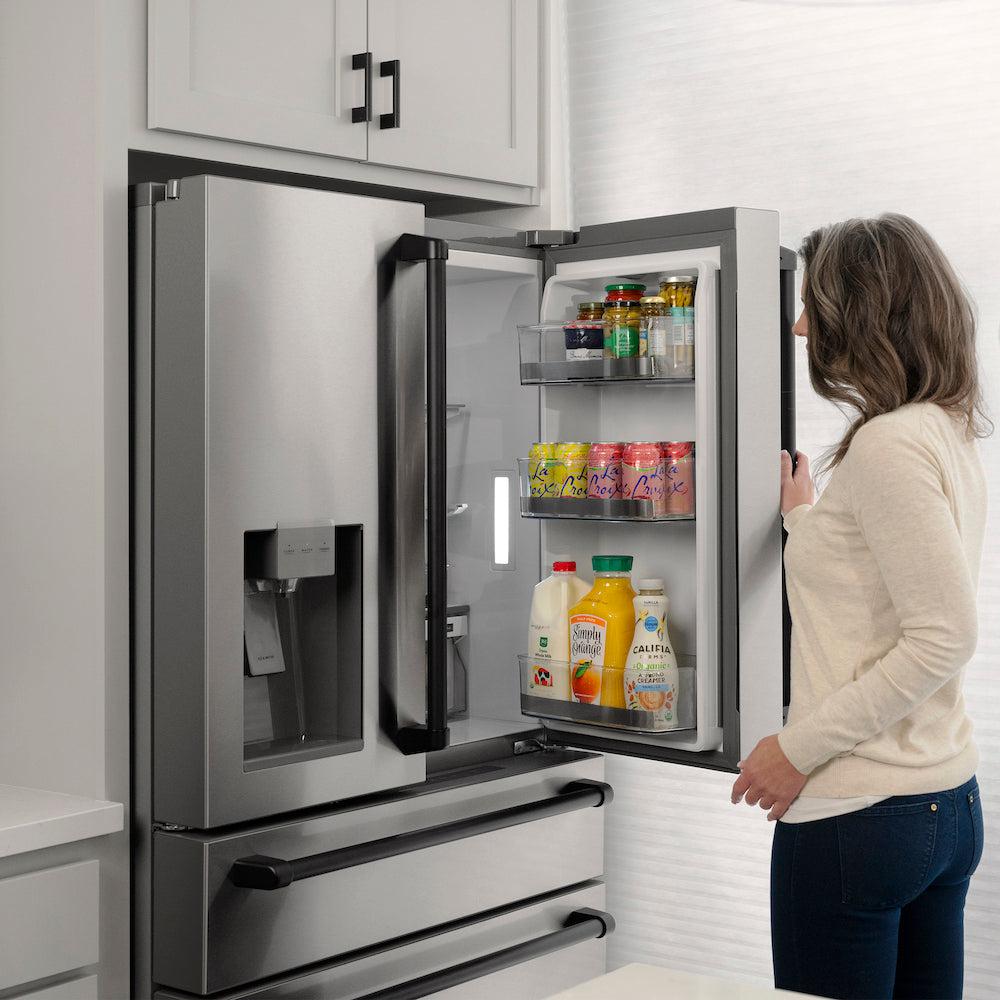 ZLINE Autograph Edition 36 in. 21.6 cu. ft. Counter-Depth French Door Refrigerator with Water and Ice Dispenser in Fingerprint-Resistant Stainless Steel with Matte Black Traditional Handles (RFMZ-W-36-MB)