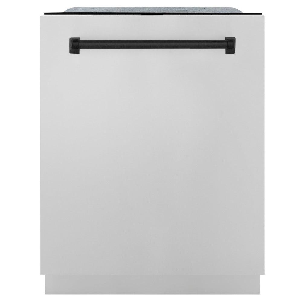 ZLINE Autograph Edition 48 in. Kitchen Package with Stainless Steel Dual Fuel Range, Range Hood, Dishwasher and Refrigerator Including External Water Dispenser with Matte Black Accents (4AKPR-RARHDWM48-MB)