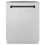 ZLINE 36 in. Autograph Edition Kitchen Package with Stainless Steel Dual Fuel Range, Range Hood, Dishwasher and Refrigeration Including External Water Dispenser with Matte Black Accents (4AKPR-RARHDWM36-MB)