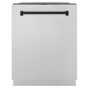 ZLINE Autograph Edition 36 in. Kitchen Package with Stainless Steel Dual Fuel Range, Range Hood, Dishwasher and Refrigerator Including External Water Dispenser with Matte Black Accents (4AKPR-RARHDWM36-MB)