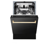 ZLINE Autograph Edition 18 in. Compact 3rd Rack Top Control Dishwasher in Black Stainless Steel with Polished Gold Accent Handle, 51dBa (DWVZ-BS-18-G)