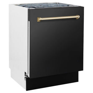 ZLINE Autograph Edition 48 in. Kitchen Package with Black Stainless Steel Dual Fuel Range, Range Hood and Dishwasher with Polished Gold Accents (3AKP-RABRHDWV48-G)