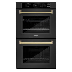 ZLINE Autograph Edition 30 in. Professional True Convection Double Wall Oven with Air Fry and Self Clean in Black Stainless Steel with Champagne Bronze Handles (WADBZ-30-CB)