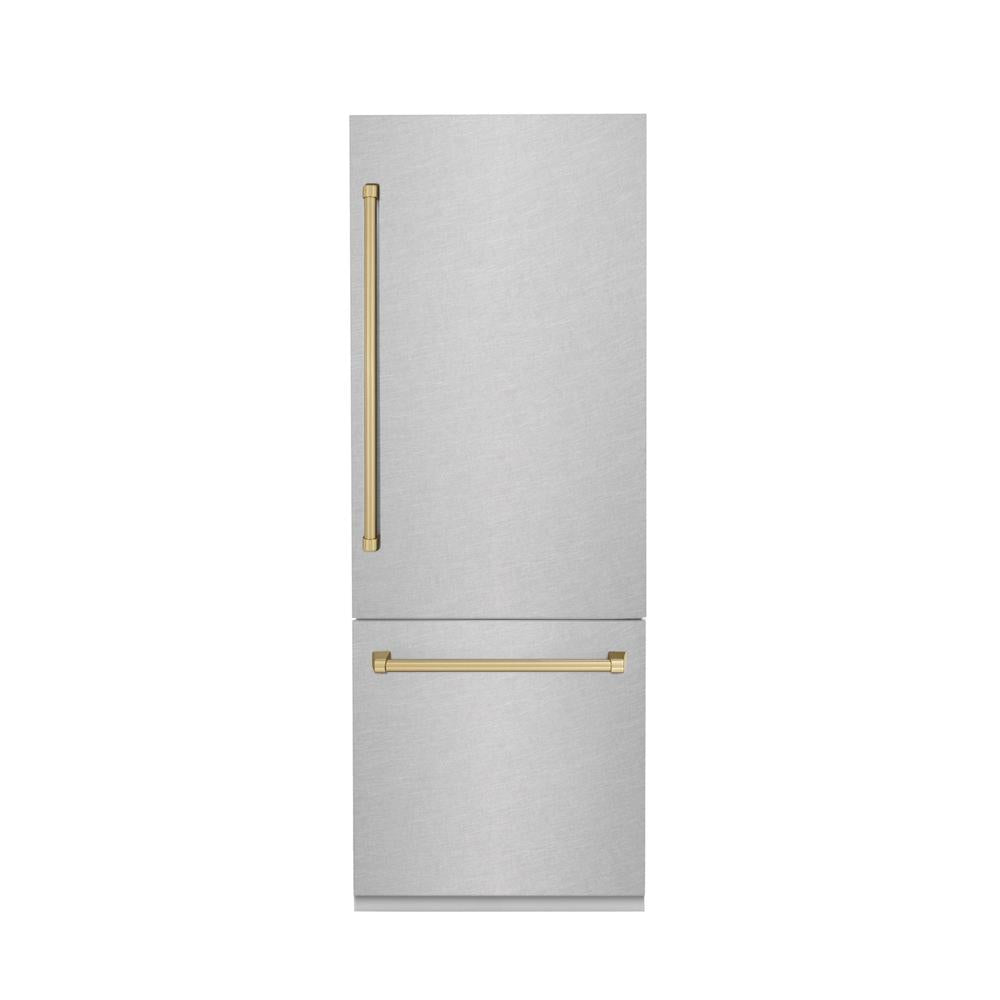 ZLINE Autograph Edition 30 in. 16.1 cu. ft. Built-In Bottom Freezer Refrigerator with Water Dispenser and Ice Maker in DuraSnow® Stainless Steel with Champagne Bronze Accents (RBIVZ-SN-30-CB)