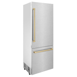 ZLINE Autograph Edition 30 in. 16.1 cu. ft. Built-In Bottom Freezer Refrigerator with Water Dispenser and Ice Maker in DuraSnow® Stainless Steel with Champagne Bronze Accents (RBIVZ-SN-30-CB)