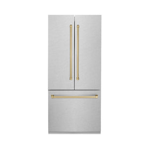 ZLINE Autograph Edition 36 in. 19.6 cu. ft. French Door Built-In Bottom Freezer Refrigerator with Water Dispenser and Ice Maker in DuraSnow® Stainless Steel with Champagne Bronze Accents (RBIVZ-SN-36-CB)
