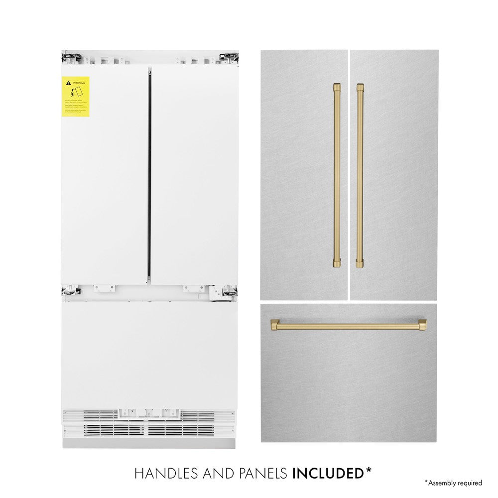 ZLINE Autograph Edition 36 in. 19.6 cu. ft. French Door Built-In Bottom Freezer Refrigerator with Water Dispenser and Ice Maker in DuraSnow® Stainless Steel with Champagne Bronze Accents (RBIVZ-SN-36-CB)