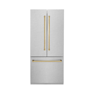ZLINE Autograph Edition 36 in. 19.6 cu. ft. French Door Built-In Bottom Freezer Refrigerator with Water Dispenser and Ice Maker in DuraSnow® Stainless Steel with Polished Gold Accents (RBIVZ-SN-36-G)