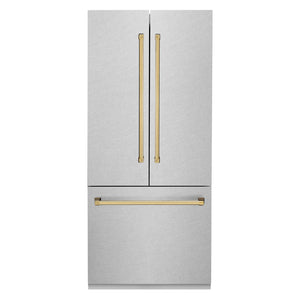 ZLINE Autograph Edition 36 in. 19.6 cu. ft. French Door Built-In Bottom Freezer Refrigerator with Water Dispenser and Ice Maker in DuraSnow® Stainless Steel with Polished Gold Accents (RBIVZ-SN-36-G)