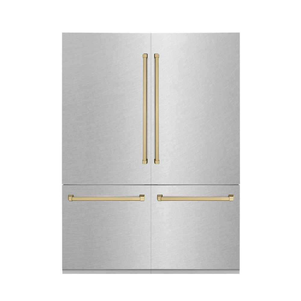 ZLINE Autograph Edition 60 in. 32.2 cu. ft. French Door Built-In Bottom Freezer Refrigerator with Water Dispenser and Ice Maker in DuraSnow® Stainless Steel with Champagne Bronze Accents (RBIVZ-SN-60-CB)