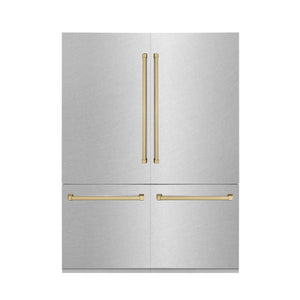 ZLINE Autograph Edition 60 in. 32.2 cu. ft. French Door Built-In Bottom Freezer Refrigerator with Water Dispenser and Ice Maker in DuraSnow® Stainless Steel with Champagne Bronze Accents (RBIVZ-SN-60-CB)