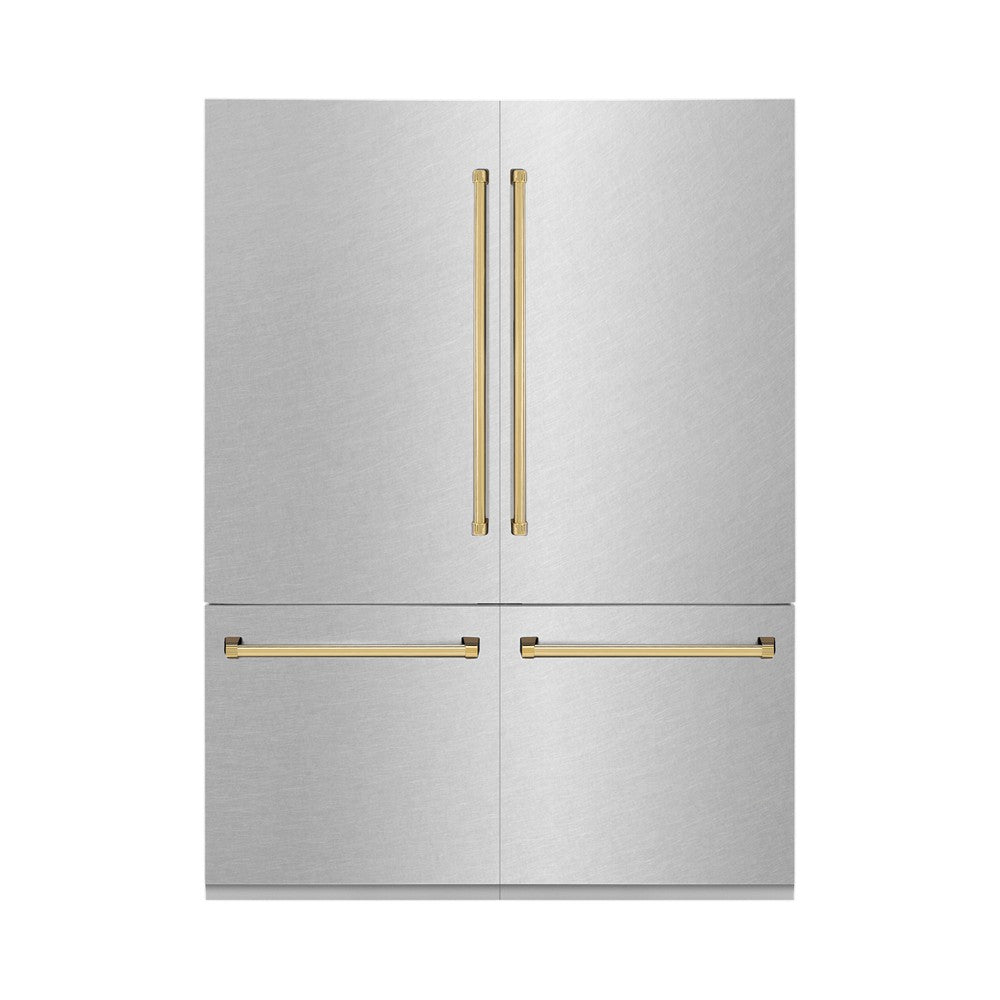 ZLINE Autograph Edition 60 in. 32.2 cu. ft. French Door Built-In Bottom Freezer Refrigerator with Water Dispenser and Ice Maker in DuraSnow® Stainless Steel with Polished Gold Accents (RBIVZ-SN-60-G)