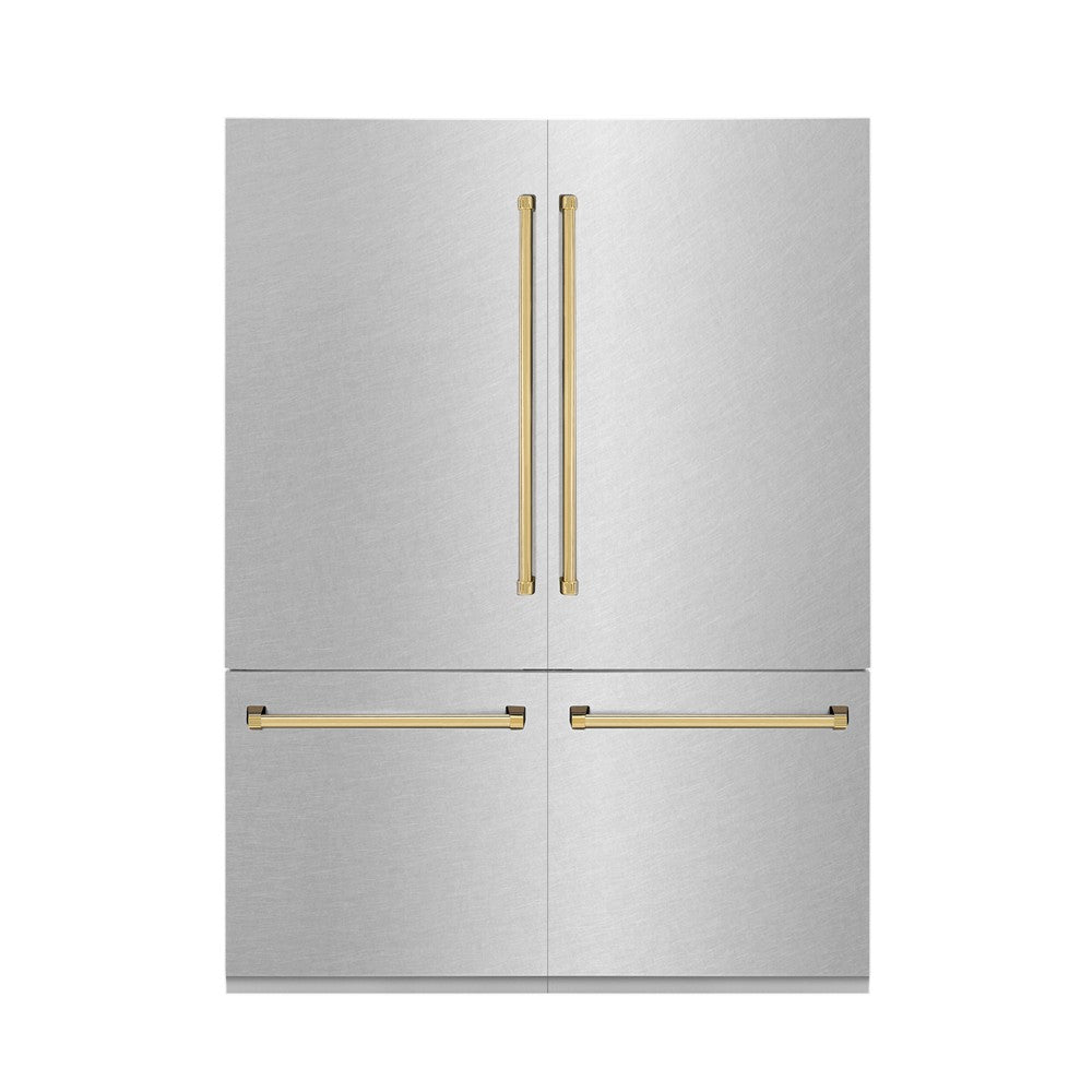 ZLINE Autograph Edition 60 in. 32.2 cu. ft. French Door Built-In Bottom Freezer Refrigerator with Water Dispenser and Ice Maker in DuraSnow® Stainless Steel with Polished Gold Accents (RBIVZ-SN-60-G)