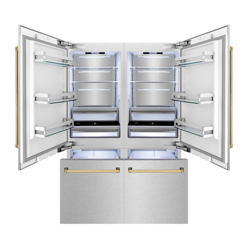 ZLINE Autograph Edition 60 in. 32.2 cu. ft. French Door Built-In Bottom Freezer Refrigerator with Water Dispenser and Ice Maker in DuraSnow® Stainless Steel with Polished Gold Accents (RBIVZ-SN-60-G)