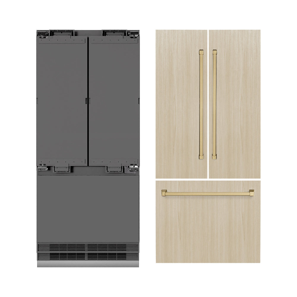 ZLINE Autograph Edition 36 in. 19.6 cu. ft. Panel Ready French Door Built-In Bottom Freezer Refrigerator with Water Dispenser and Ice Maker with Graphite Gray Interior and Champagne Bronze Accents (GRBIVZ-36-CB)