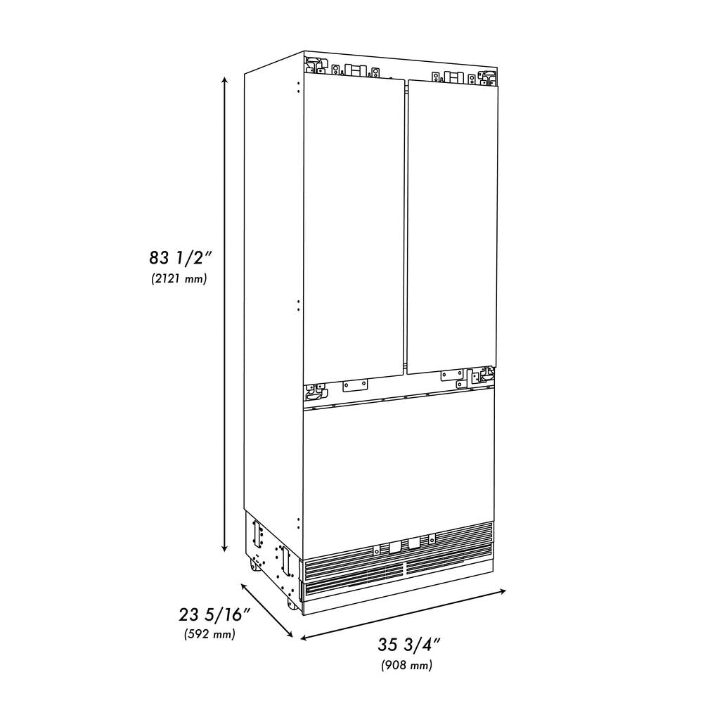 ZLINE Autograph Edition 36 in. 19.6 cu. ft. Panel Ready French Door Built-In Bottom Freezer Refrigerator with Water Dispenser and Ice Maker with Champagne Bronze Accents (RBIVZ-36-CB)