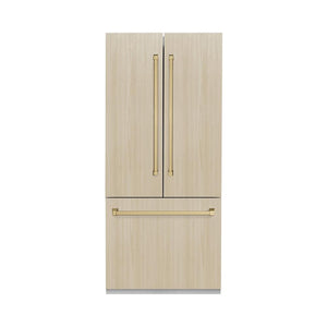 ZLINE Autograph Edition 36 in. 19.6 cu. ft. Panel Ready French Door Built-In Bottom Freezer Refrigerator with Water Dispenser and Ice Maker with Champagne Bronze Accents (RBIVZ-36-CB)