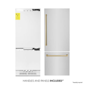 ZLINE Autograph Edition 30 in. 16.1 cu. ft. Built-In Bottom Freezer Refrigerator with Water Dispenser and Ice Maker in Stainless Steel with Champagne Bronze Accents (RBIVZ-304-30-CB)
