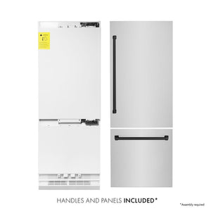 ZLINE Autograph Edition 30 in. 16.1 cu. ft. Built-In Bottom Freezer Refrigerator with Water Dispenser and Ice Maker in Stainless Steel with Matte Black Accents (RBIVZ-304-30-MB)
