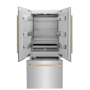 ZLINE Autograph Edition 36 in. 19.6 cu. ft. French Door Built-In Bottom Freezer Refrigerator with Water Dispenser and Ice Maker in Stainless Steel with Champagne Bronze Accents (RBIVZ-304-36-CB)