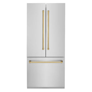 ZLINE Autograph Edition 36 in. 19.6 cu. ft. French Door Built-In Bottom Freezer Refrigerator with Water Dispenser and Ice Maker in Stainless Steel with Polished Gold Accents (RBIVZ-304-36-G)