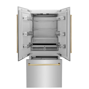 ZLINE Autograph Edition 36 in. 19.6 cu. ft. French Door Built-In Bottom Freezer Refrigerator with Water Dispenser and Ice Maker in Stainless Steel with Polished Gold Accents (RBIVZ-304-36-G)