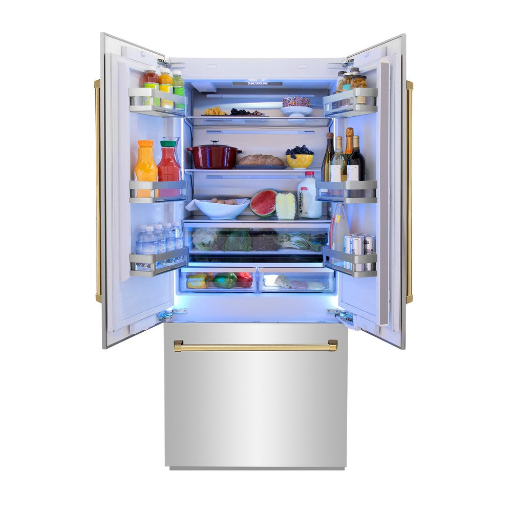 ZLINE Autograph Edition 36 in. 19.6 cu. ft. French Door Built-In Bottom Freezer Refrigerator with Water Dispenser and Ice Maker in Stainless Steel with Polished Gold Accents (RBIVZ-304-36-G)