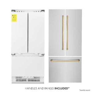 ZLINE Autograph Edition 36 in. 19.6 cu. ft. French Door Built-In Bottom Freezer Refrigerator with Water Dispenser and Ice Maker in Stainless Steel with Polished Gold Accents (RBIVZ-304-36-G)