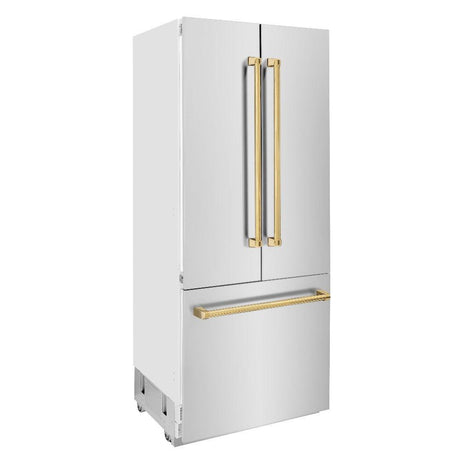 ZLINE Autograph Edition 36 in. 19.6 cu. ft. French Door Built-In Bottom Freezer Refrigerator with Water Dispenser and Ice Maker in Stainless Steel with Polished Gold Accents (RBIVZ-304-36-G)